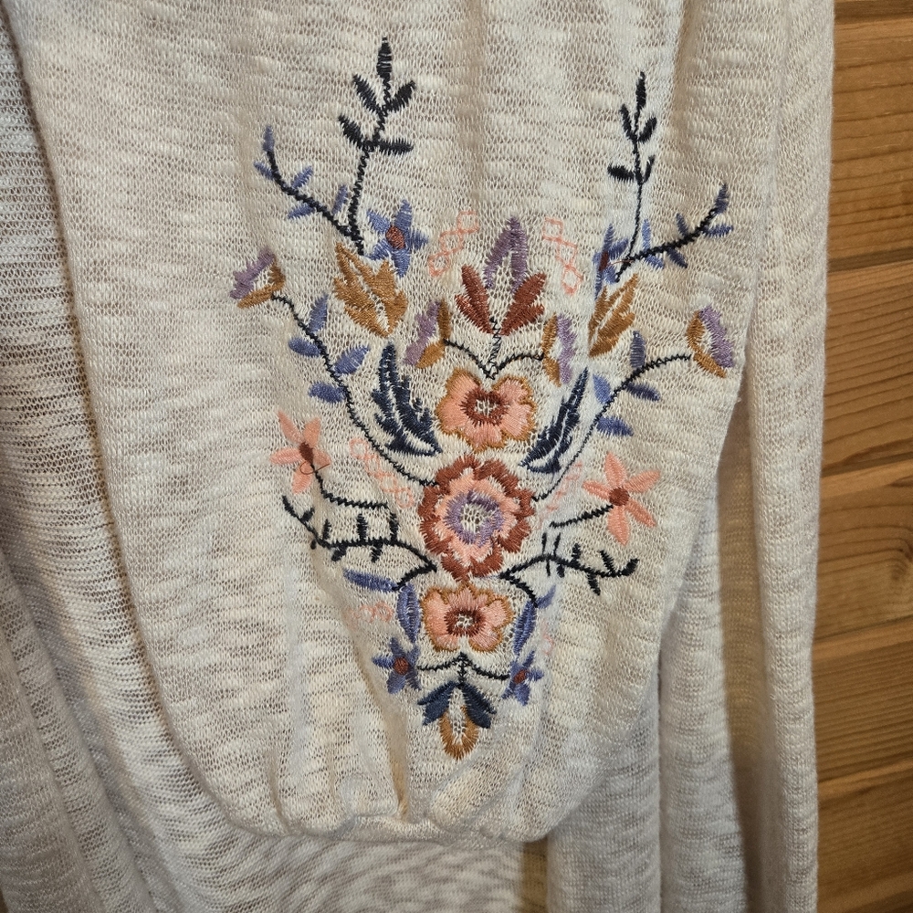 Knit Maxi Cardigan Duster Sweater Cream Embroidered Long Sleeve Boho Womens XL - Picture 3 of 6